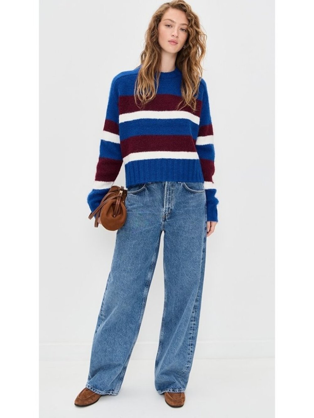 Pistola Womens Striped Cropped Sweater In Azure & Claret - Size Small - Soft Kni
